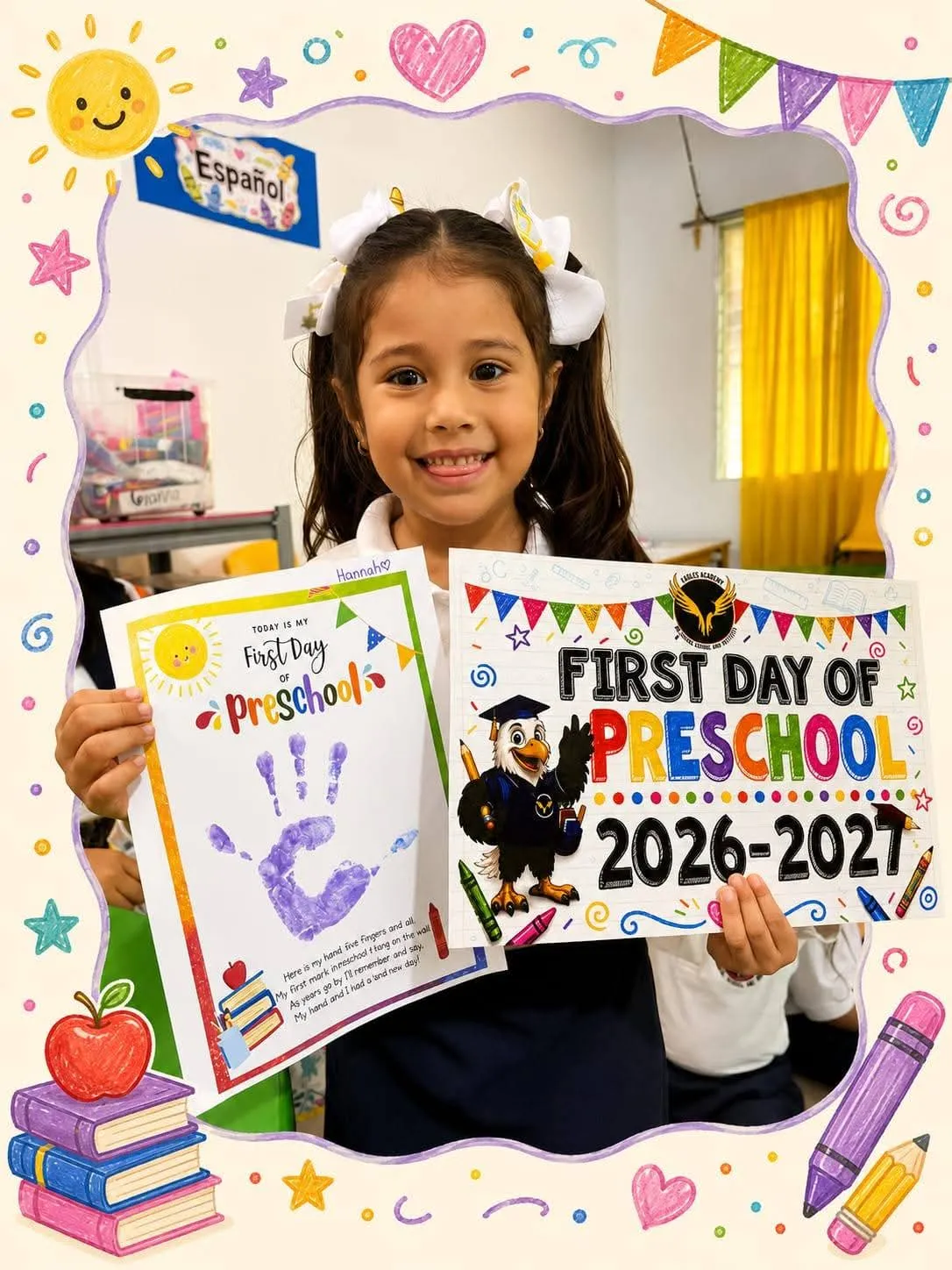 Alumna de pre básica muestra su certificado del primer día de preschool